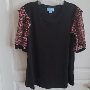 Cece Crepe Knit Floral Print Elbow Sheer Sleeve Bl